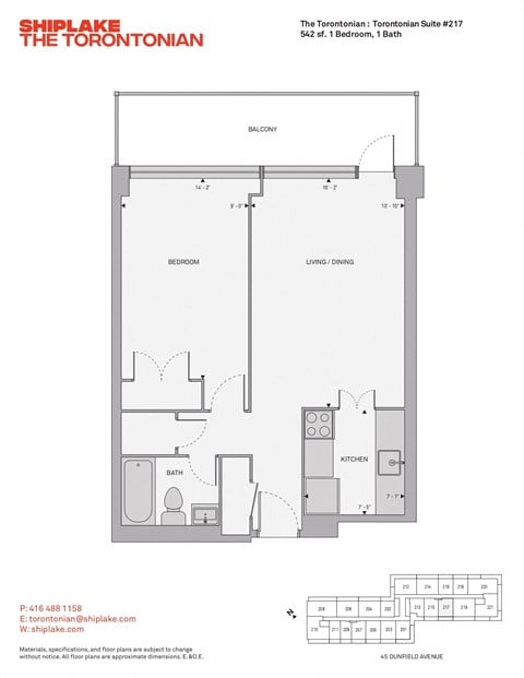 Floor plan for 1 bed, 1 bath, 542 sqft